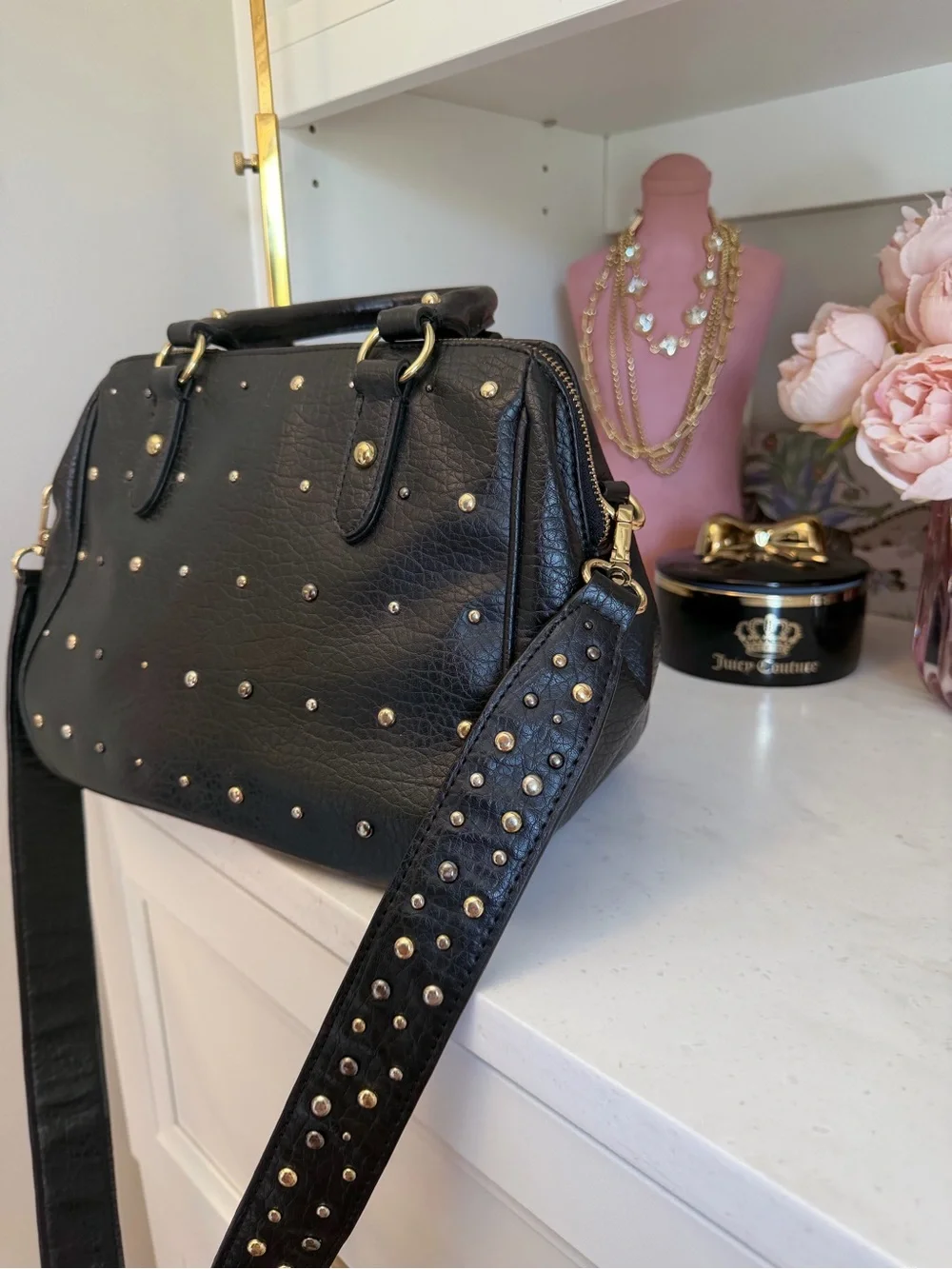 Juicy Couture EUC Black Leather Studded cross body Satchel with Gold Accents